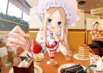  1boy 1girl abigail_williams_(fate) abigail_williams_(swimsuit_foreigner)_(fate) abigail_williams_(swimsuit_foreigner)_(third_ascension)_(fate) absurdres bare_shoulders bikini blonde_hair blue_eyes blurry blush bonnet bow breasts cake chocolate_cake depth_of_field fate/grand_order fate_(series) food forehead fruit hair_bow highres ice_cream long_hair looking_at_viewer open_mouth pancake parfait parted_bangs plate pov pov_across_table shiro_ami sidelocks small_breasts smile solo_focus spoon strawberry swimsuit table twintails very_long_hair white_bikini white_bow white_headwear window 