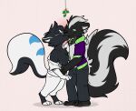  anthro black_body black_fur clothed clothing duo eyes_closed flytermo2 fur hi_res kissing korin_(sirhades123) male male/male mammal mephitid mistletoe mr._olive open_clothing open_topwear plant sailor_uniform simple_background skunk tail topwear undressing undressing_another white_body white_fur 