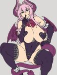  1girl :o bare_shoulders boots breasts cattleya_(houtengeki) covered_navel demon_girl demon_horns demon_tail demon_wings elbow_gloves finger_to_mouth gloves green_eyes grey_background hair_intakes highleg highleg_leotard highres horns houtengeki large_breasts leotard long_hair looking_at_viewer open_mouth original pink_hair pointy_ears purple_footwear purple_gloves purple_leotard shushing sidelocks simple_background solo squatting tail thigh_boots wings 