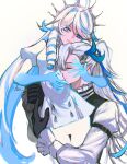  1boy 1girl ackrose arms_around_waist black_gloves blue_eyes blue_hair closed_eyes closed_mouth english_commentary furina_(genshin_impact) furina_(initial_design)_(genshin_impact) genshin_impact gloves hair_between_eyes highres holding light_blue_hair long_hair long_sleeves looking_at_viewer multicolored_hair neuvillette_(genshin_impact) official_alternate_costume official_alternate_hairstyle pointy_ears sidelocks simple_background sketch smile streaked_hair two-tone_hair upper_body white_background white_hair 