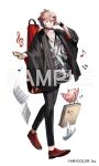  1boy bag bird black_choker black_jacket black_pants black_shirt blonde_hair border0715 cellphone choker closed_mouth copyright_notice flying_paper full_body guitar_case hair_between_eyes half_updo hand_on_headphones haori headphones holding holding_phone instrument_case jacket japanese_clothes jewelry long_sleeves looking_at_viewer male_focus mouth_hold multicolored_hair musical_note necklace nijisanji official_art open_clothes open_jacket owl pants paper paper_bag patterned_clothing phone red_eyes red_footwear red_hair ring ring_necklace sample_watermark seraph_dazzlegarden sheet_music shirt shoes short_hair simple_background smartphone smile solo standing sticker streaked_hair two-tone_shirt v-neck virtual_youtuber watermark white_background white_shirt wide_sleeves wristband 