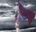  1girl armor belt black_belt black_gloves boobplate cape closed_mouth commentary_request dated_commentary expressionless feet_out_of_frame from_side gauntlets gloves grey_sky long_hair looking_afar lord_knight_(ragnarok_online) medium_bangs miniskirt outdoors overcast pauldrons pink_skirt poleyn profile purple_eyes purple_hair ragnarok_online red_cape shoulder_armor skirt sky solo standing very_long_hair visor_(armor) wind yakka 