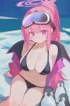  1girl absurdres animal bikini bird black_bikini blue_archive breasts calcite cleavage eimi_(blue_archive) eimi_(swimsuit)_(blue_archive) feet_out_of_frame goggles goggles_on_head halo highres large_breasts long_hair navel official_alternate_costume penguin pink_eyes pink_hair pink_halo ponytail sitting solo swimsuit 