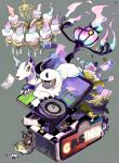  absol alolan_meowth alolan_rattata animal_focus black_fur chandelier chandelure checkered_floor claws coin english_text fire forehead_jewel grey_background grey_fur highres horns litwick lying mightyena mouse no_humans on_stomach pokemon pokemon_(creature) red_eyes rock simple_background single_horn tail two-tone_fur umipokemori white_fur yellow_eyes 