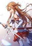  1girl armor asuna_(sao) braid breastplate breasts brown_eyes brown_hair commentary_request detached_sleeves dress er_gou_daoren french_braid holding holding_sheath holding_sword holding_weapon long_hair looking_at_viewer looking_to_the_side medium_breasts open_mouth pleated_skirt rapier red_skirt sheath short_ponytail simple_background skirt sleeveless sleeveless_dress smile solo sparkle sword sword_art_online thighhighs unsheathed weapon white_dress white_footwear white_sleeves white_thighhighs 