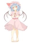  1girl absurdres ascot barefoot bat_wings blue_hair blush commentary dress hat hat_ribbon highres looking_at_viewer medium_hair mob_cap open_mouth pink_dress pink_headwear puffy_short_sleeves puffy_sleeves red_ascot red_eyes remilia_scarlet ribbon seika_okawari shadow short_sleeves simple_background solo sweatdrop touhou white_background wings 