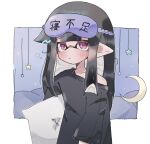 1girl a_taka_00918 black_shirt blindfold border closed_mouth commentary_request crescent_moon dot_nose highres holding holding_pillow inkling inkling_girl moon pillow pink_eyes pointy_ears shirt single_bare_shoulder solo splatoon_(series) star_(symbol) translation_request upper_body white_border 