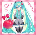  1girl aqua_eyes aqua_hair aqua_necktie black_skirt black_thighhighs border bow cherry commentary detached_sleeves dosukoi_humitarou food fruit full_body hatsune_miku heart heart_hair highres kneeling long_hair miniskirt multicolored_eyes necktie oversized_food oversized_object pink_border pink_eyes red_bow red_ribbon ribbon shirt shoulder_tattoo skirt sleeveless sleeveless_shirt smile solo symbol-only_commentary tattoo thighhighs very_long_hair vocaloid zettai_ryouiki 