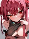  1girl blush breasts closed_mouth hair_ribbon heterochromia highres hololive houshou_marine houshou_marine_(1st_costume) large_breasts lifted_by_self long_hair looking_at_viewer namagome_negi orange_eyes red_eyes red_hair red_ribbon ribbon solo sweat twintails virtual_youtuber 
