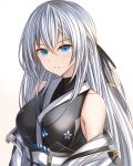  1girl bare_shoulders blue_eyes breasts coat double-parted_bangs eiyuu_densetsu hair_between_eyes kanpyou_(hghgkenfany) kuro_no_kiseki large_breasts long_hair looking_at_viewer loose_clothes open_clothes open_coat portrait shizuna_rem_misurugi sleeveless solo sweat sweatdrop transparent_background upper_body 