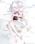  1girl artist_name barefoot closed_eyes closed_mouth doll elbow_blush elf feet fern_(sousou_no_frieren) foot_blush frieren grey_hair holding holding_doll knee_blush legs long_hair lying nightgown on_bed on_side parted_bangs patreon_logo patreon_username pointy_ears shoulder_blush single_off_shoulder sleeping smile soles solo sousou_no_frieren stuffed_toy sydus toenails toes twintails 
