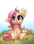  28gooddays arthropod blue_eyes butterfly butterfly_on_nose chest_tuft equid equine fluttershy_(mlp) friendship_is_magic fur grass hair hasbro hi_res insect lepidopteran mammal my_little_pony pegasus pink_hair pink_tail plant sitting solo tail tuft wings yellow_body yellow_fur 