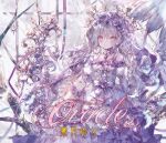  1girl album_cover album_name animal cat choker closed_mouth clothed_animal commentary_request cover dress falling_feathers flower gem hair_flower hair_ornament light_blush light_smile long_hair looking_at_viewer magic onineko original purple_flower purple_gemstone solo very_long_hair white_cat white_choker white_dress white_hair 