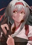 1girl absurdres brown_gloves close-up echo-kilo gloves hair_between_eyes hairband highres kantai_collection long_hair looking_to_the_side muneate partially_fingerless_gloves red_hairband shoukaku_(kancolle) single_glove solo upper_body white_hair yellow_eyes yugake 