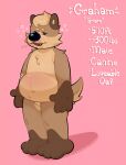  3_toes 4_fingers anthro beady_eyes belly belly_overhang black_nose brown_body brown_fur burping canid canine character_name cheek_tuft chest_tuft countershade_face countershade_fur countershade_tail countershade_torso countershading deep_navel english_text eyebrows facial_tuft featureless_crotch feet fingers fur graham_(gramgastronomy) gramgastronomy hair hi_res male mammal model_sheet navel nude open_mouth overweight overweight_anthro overweight_male pink_background simple_background snaggle_tooth snout solo standing tail tan_body tan_countershading tan_hair text three-quarter_view toes tuft 