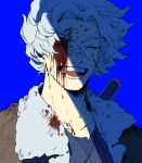  1boy bandaid bandaid_on_face bandaid_on_nose blood blood_on_clothes blood_on_face boku_no_hero_academia brown_coat closed_eyes coat collarbone facing_ahead fur-trimmed_coat fur_trim injury loud_cloud male_focus open_mouth rnuyvm short_hair sidelighting simple_background solo teeth white_hair 