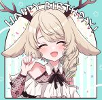  1girl :d absurdres animal_ears antlers asymmetrical_hair black_bow black_bowtie blonde_hair blue_background blush bow bowtie closed_eyes commentary_request confetti deer_ears deer_girl frilled_shirt frills happy_birthday highres kino_haruc medium_bangs medium_hair nanashi_inc. open_mouth shirt sleeveless sleeveless_shirt smile solo striped striped_background tsukinoki_tirol upper_body virtual_youtuber white_shirt 