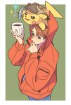  1boy border brown_eyes brown_hair clothed_pokemon commentary_request cup deerstalker detective_pikachu detective_pikachu_(character) detective_pikachu_(game) fujimoto_gold hand_on_own_chin hat highres holding holding_cup holding_magnifying_glass hood hoodie magnifying_glass male_focus outside_border pikachu pokemon sparkle tim_goodman white_border 