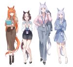  4girls alternate_costume animal_ears black_hair closed_mouth dress emyo full_body gold_ship_(umamusume) green_eyes hairband high_heels highres horse_ears horse_girl horse_tail long_hair long_sleeves looking_at_viewer mejiro_mcqueen_(umamusume) multicolored_hair multiple_girls office_lady orange_hair pants purple_eyes purple_hair silence_suzuka_(umamusume) simple_background skirt smile special_week_(umamusume) standing tail umamusume white_background white_hair 