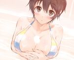  1girl :o arms_under_breasts bikini blush breasts brown_hair cleavage collarbone dutch_angle hair_between_eyes highres huge_breasts idolmaster idolmaster_cinderella_girls interlocked_fingers kiyu_rei looking_at_viewer multicolored_bikini multicolored_clothes oikawa_shizuku own_hands_together partially_submerged skindentation soap_bubbles solo steam swimsuit wet wet_hair 