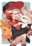  1girl :d baseball_cap bird black_eyes black_headwear border commentary_request flame_print grey_background hat highres inkling inkling_girl one_eye_closed orange_fur pokemon pokemon_(creature) print_headwear print_shirt rabbit red_eyes red_hair red_headwear red_shirt scorbunny shirt short_hair smile splatoon_(series) splatoon_3 squid torchic white_border white_fur yn_uo0 