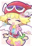  1girl amitie_(puyopuyo) belt blonde_hair blue_shirt buckle closed_eyes doradorakingyo eyelashes facing_viewer green_bracelet heart heart-shaped_buckle hood hooded_jacket jacket open_mouth pink_jacket puyopuyo puyopuyo_fever red_belt red_headwear shirt shorts solo white_wings winged_hat wings yellow_shorts 