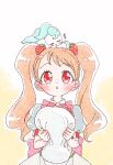  1girl aji_fry blush bow creature_on_head flower_ornament food-themed_hair_ornament hair_ornament hat highres holding holding_clothes holding_hat kirakira_precure_a_la_mode long_hair magical_girl open_mouth orange_hair pikario_(precure) precure red_eyes twintails usami_ichika waist_bow yellow_background 