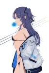  1girl absurdres blue_archive breasts chewing_gum cowboy_shot from_side highres jacket long_hair long_sleeves looking_at_viewer profile purple_eyes purple_hair seizou_hidzuke simple_background small_breasts solo two-sided_fabric two-sided_jacket two_side_up white_background white_jacket yuuka_(blue_archive) 