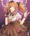  ;d \m/ black_bow black_bowtie blush bow bowtie bracelet breasts cross-laced_clothes gloves hoe_satsuki idolmaster idolmaster_cinderella_girls jewelry looking_at_viewer medium_breasts moroboshi_kirari one_eye_closed orange_hair puffy_short_sleeves puffy_sleeves shirt short_sleeves single_glove skirt smile striped striped_skirt twintails vertical-striped_skirt vertical_stripes white_shirt 