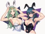  2girls absurdres alternate_costume animal_ears armpits arms_up bare_arms bare_shoulders black_hairband black_leotard blue_eyes blue_hair breasts byleth_(female)_(fire_emblem) byleth_(fire_emblem) cleavage clothing_cutout commentary_request detached_collar fake_animal_ears fire_emblem fire_emblem:_three_houses green_eyes green_hair grey_background hairband highres large_breasts leotard long_hair looking_at_viewer mali-sa multiple_girls navel navel_cutout playboy_bunny rabbit_ears rhea_(fire_emblem) simple_background smile strapless strapless_leotard triangle upper_body very_long_hair white_hairband white_leotard 