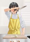  1girl apron blurry blurry_background blush covered_eyes cutting_board cutting_onions depth_of_field holding holding_knife indoors knife long_sleeves mattaku_mousuke nose_blush open_mouth original puffy_long_sleeves puffy_sleeves shirt sleeves_pushed_up solo sweat tears white_shirt yellow_apron 