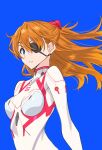  1girl blue_eyes bodysuit breasts brown_hair cleavage eyepatch highres interface_headset long_hair looking_at_viewer medium_breasts narrow_waist neon_genesis_evangelion plugsuit rebuild_of_evangelion souryuu_asuka_langley suzutsuki_kurara white_bodysuit 