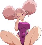  1girl afro_puffs batta_16-sei breasts cameltoe chuatury_panlunch competition_swimsuit covered_navel covered_nipples double_bun gundam gundam_suisei_no_majo hair_bun hand_on_own_face highleg highleg_swimsuit highres large_breasts one-piece_swimsuit pink_eyes pink_hair purple_one-piece_swimsuit simple_background solo squatting swimsuit white_background 