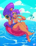  &lt;3 2023 benbeau bikini blue_eyes breasts brown_body brown_skin butt cleavage clothed clothing cloud day ear_piercing ear_ring feet female fingers gameboy_advance genie hair hi_res humanoid humanoid_feet humanoid_hands humanoid_pointy_ears long_hair looking_at_viewer nintendo not_furry open_mouth open_smile palm_tree piercing plant plantigrade ponytail purple_hair ring_piercing shantae shantae_(series) signature smile solo swim_ring swimwear toes tree water wayforward 