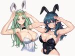  2girls absurdres alternate_costume animal_ears armpits arms_up bare_arms bare_shoulders black_hairband black_leotard blue_eyes blue_hair breasts byleth_(female)_(fire_emblem) byleth_(fire_emblem) cleavage clothing_cutout commentary_request detached_collar fake_animal_ears fire_emblem fire_emblem:_three_houses green_eyes green_hair grey_background hairband highres large_breasts leotard long_hair looking_at_viewer mali-sa multiple_girls navel navel_cutout playboy_bunny rabbit_ears rhea_(fire_emblem) simple_background smile strapless strapless_leotard upper_body very_long_hair white_hairband white_leotard 