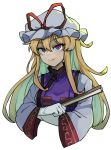  1girl blonde_hair cropped_torso dress gloves hand_fan hat hat_ribbon highres holding holding_fan long_hair long_sleeves mob_cap onionmay purple_eyes purple_tabard red_ribbon ribbon solo tabard touhou white_background white_dress white_gloves wide_sleeves yakumo_yukari 