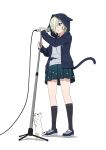  1girl absurdres animal_ear_headwear black_jacket black_socks blonde_hair blush cat cat_tail full_body hair_over_one_eye hanpen_(nijigasaki) highres holding holding_microphone_stand hood hooded_jacket jacket looking_at_viewer love_live! love_live!_nijigasaki_high_school_idol_club mia_taylor microphone_stand pleated_skirt purple_eyes shoes short_hair skirt smile socks solo standing tail white_background white_cat yokota_takumi 