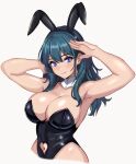  1girl absurdres animal_ears armpits arms_up bare_arms bare_shoulders black_hairband black_leotard blue_eyes blue_hair breasts byleth_(female)_(fire_emblem) byleth_(fire_emblem) cleavage clothing_cutout commentary_request detached_collar fake_animal_ears fire_emblem fire_emblem:_three_houses grey_background hairband highres large_breasts leotard long_hair looking_at_viewer mali-sa navel navel_cutout playboy_bunny rabbit_ears simple_background smile solo strapless strapless_leotard upper_body 