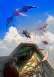  alternate_color building clenched_teeth cloud coin colored_sclera crobat day flying highres no_humans outdoors pokemon pokemon_(creature) red_eyes shiny_pokemon skarmory sky teeth tile_roof two_pokemon umbreon yellow_sclera 