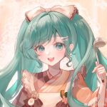  1girl :d absurdres apron blush bow brown_kimono chinese_commentary commentary_request fork_hair_ornament frilled_apron frills green_eyes green_hair hair_bow hand_up hardboiled_egg hatsune_miku highres holding holding_ladle japanese_clothes kimono ladle long_hair looking_at_viewer lotus_root open_mouth orange_background print_hair smile snowflake_print solo spoon_hair_ornament squash teeth twintails upper_body upper_teeth_only very_long_hair vocaloid weibo_logo weibo_username white_apron white_bow xiao_xiong_keke_aoi yuki_miku yuki_miku_(2024) 