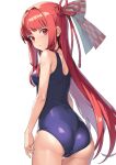  1girl akahara_tyun ass blue_one-piece_swimsuit blunt_bangs breasts from_above from_behind hair_ribbon kotonoha_akane long_hair looking_at_viewer looking_back low-tied_sidelocks medium_breasts one-piece_swimsuit red_eyes red_hair ribbon school_swimsuit simple_background solo swimsuit tress_ribbon very_long_hair voiceroid white_background 