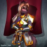  2023 absurd_res anthro armor canid canine canis clothed clothing digital_media_(artwork) female fur gem gloves gold_(metal) gold_jewelry hair handwear hi_res holding_object holding_sword holding_weapon jewelry knight looking_at_viewer mammal melee_weapon metal metal_gloves red_eyes scarlet_side simple_background solo steel sword tail warrior weapon wolf 