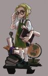  1boy adjusting_eyewear apron black_footwear book commentary_request earrings full_body glasses globe green_apron green_hair grey_background highres holding holding_book jewelry nastar_r0 octoling octoling_boy orange_eyes paper paper_roll round_eyewear shirt shoes short_hair simple_background smile socks solo splatoon_(series) splatoon_3 standing tentacle_hair tentacles wand white_shirt white_socks 