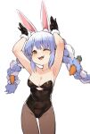  1girl :d animal_ear_fluff animal_ears armpits arms_up black_gloves black_leotard blue_hair bow braid breasts brown_eyes brown_pantyhose carrot carrot_hair_ornament cleavage cowboy_shot food-themed_hair_ornament fur-trimmed_gloves fur_trim gloves hair_bow hair_ornament highres hololive leotard long_hair looking_at_viewer medium_breasts multicolored_hair one_eye_closed open_mouth pantyhose peachpa playboy_bunny rabbit_ears rabbit_girl rabbit_pose simple_background small_breasts smile solo standing thick_eyebrows thigh_gap twin_braids two-tone_hair usada_pekora virtual_youtuber white_background white_bow white_fur white_hair 
