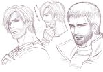  2boys alternate_facial_hair bara beard_stubble chris_redfield cropped_shoulders from_side greyscale highres kdk13_(bio_kadoki13) leon_s._kennedy light_frown looking_at_viewer male_focus mature_male monochrome multiple_boys resident_evil resident_evil_6 short_hair sideburns sigh stroking_beard thick_eyebrows 
