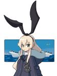  1girl :&lt; aircraft airplane bird black_coat black_hairband blonde_hair chief_(skiwa) coat grey_eyes hairband highres kantai_collection long_hair ocean penguin shimakaze_(kancolle) sky 