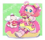  1girl :d blue_eyes blush boots bow bubble_skirt commentary_request doughnut dress eating food gloves hair_ornament hair_rings holding_doughnut hoppetoonaka3 humanization kirakira_precure_a_la_mode magical_girl open_mouth pekorin_(precure) pekorin_(precure)_(human) pink_hair precure simple_background skirt smile twintails 