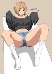  black_sweater blonde_hair blue_shorts breasts brown_eyes closed_mouth dated full_body girls&#039;_frontline highres knees looking_at_viewer lying medium_breasts medium_hair midriff mp40_(girls&#039;_frontline) navel off-shoulder_sweater off_shoulder on_back oversized_clothes shorts signature socks spread_legs strap sweater thighs triangle_bullet very_long_sleeves white_socks 