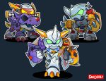  artist_name claws digimon glowing glowing_eyes green_eyes highres medarot metalgarurumon non-humanoid_robot omegamon red_hair robot robot_animal simple_background sinobali tagme wargreymon wolf 