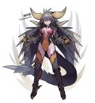  1girl baniran_dorosu breasts center_opening cleavage dragon_girl dragon_horns dragon_tail folded_wings full_body highleg highleg_leotard horns leotard long_hair looking_at_viewer monster_girl monster_hunter:_world monster_hunter_(series) nergigante personification solo spiked_tail spiked_wings spikes standing tail thighhighs wings yellow_eyes 
